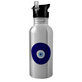 Χάντρα γαλαζιά, Water bottle Silver with straw, stainless steel 600ml