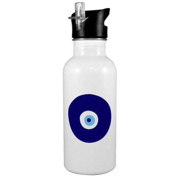 Χάντρα γαλαζιά, White water bottle with straw, stainless steel 600ml