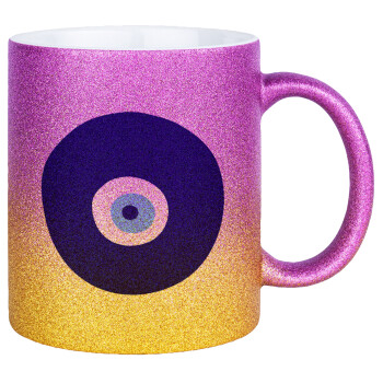 Χάντρα γαλαζιά, Κούπα Χρυσή/Ροζ Glitter, κεραμική, 330ml