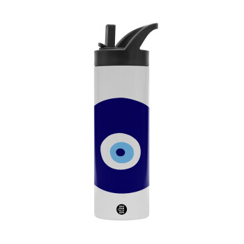 Χάντρα γαλαζιά, Metallic thermos bottle with straw & handle, stainless steel (Stainless steel 304), double-walled, 600ml.