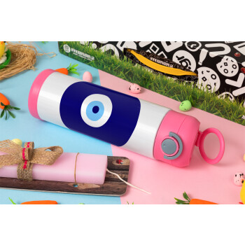 Χάντρα γαλαζιά, Easter candle, Childrens hot water bottle, stainless steel, with safety straw, PINK (500ml)