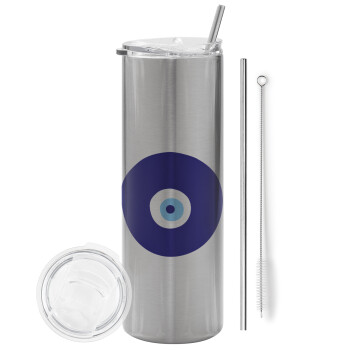 Χάντρα γαλαζιά, Tumbler stainless steel Silver 600ml, with metal straw & cleaning brush