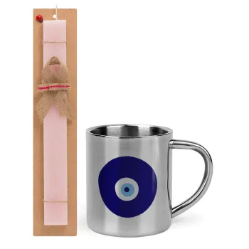 Χάντρα γαλαζιά, Easter Set, metallic thermal cup (300ml) & aromatic flat Easter candle (30cm) (PINK)