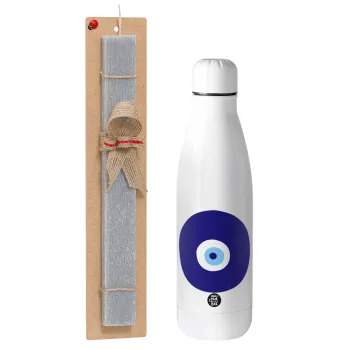 Χάντρα γαλαζιά, Easter Set, metallic stainless thermos bottle (500ml) & scented flat Easter candle (30cm) (GRAY)