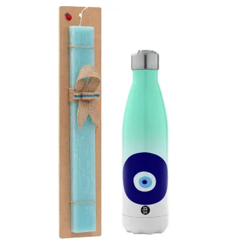 Χάντρα γαλαζιά, Easter Set, Metallic green/white thermos (Stainless steel), double-walled, 500ml & scented flat Easter candle (30cm) (TURQUOISE)
