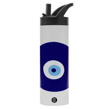 Χάντρα γαλαζιά, Μεταλλικό παγούρι θερμός με καλαμάκι & χειρολαβή, ανοξείδωτο ατσάλι (Stainless steel 304), διπλού τοιχώματος, 600ml