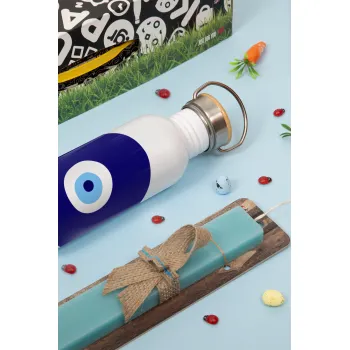 Χάντρα γαλαζιά, Πασχαλινή Λαμπάδα με παγούρι μεταλλικό (620ml, stainless steel) & κερί αρωματικό πλακέ (30cm) (ΤΙΡΚΟΥΑΖ)