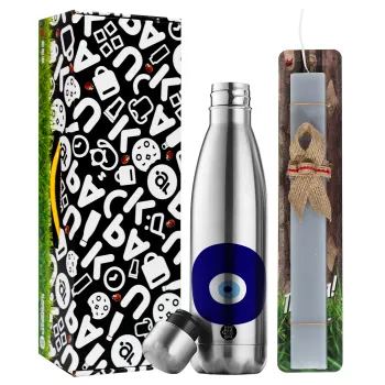 Χάντρα γαλαζιά, Easter Set, metallic stainless thermos flask (500ml) & scented flat Easter candle (30cm) (GRAY)