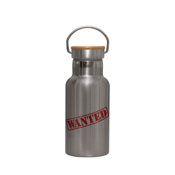 Wanted, Stainless steel metallic thermos flask, silver with a bamboo lid, double-walled, 350ml.