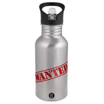 Wanted, Water bottle Silver with straw, stainless steel 500ml
