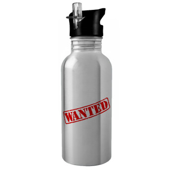Wanted, Water bottle Silver with straw, stainless steel 600ml