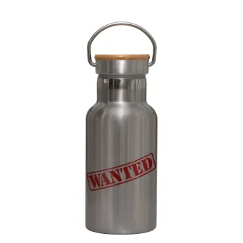 Wanted, Stainless steel metallic thermos flask, silver with a bamboo lid, double-walled, 350ml.