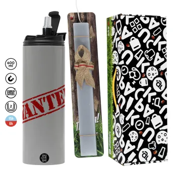 Wanted, Πασχαλινή Λαμπάδα με Travel Tumbler θερμό (600ml, BPA free) & κερί αρωματικό πλακέ (30cm) (ΓΚΡΙ)