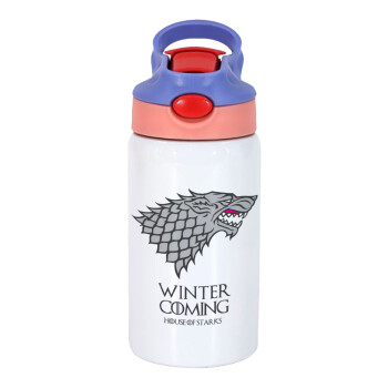GOT House of Starks, winter coming, Children's hot water bottle, stainless steel, with safety straw, pink/purple (350ml)