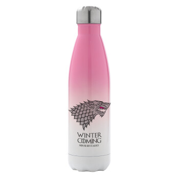 GOT House of Starks, winter coming, Metal mug thermos Pink/White (Stainless steel), double wall, 500ml