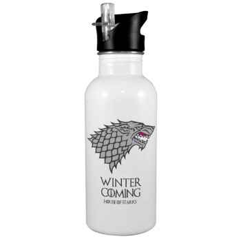 GOT House of Starks, winter coming, Παγούρι νερού Λευκό με καλαμάκι, ανοξείδωτο ατσάλι 600ml