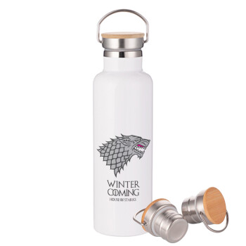 GOT House of Starks, winter coming, Stainless steel White with wooden lid (bamboo), double wall, 750ml