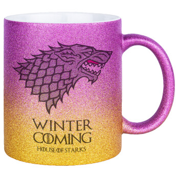 GOT House of Starks, winter coming, Κούπα Χρυσή/Ροζ Glitter, κεραμική, 330ml