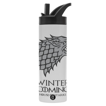 GOT House of Starks, winter coming, Metallic thermos bottle with straw & handle, stainless steel (Stainless steel 304), double-walled, 600ml.