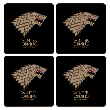 GOT House of Starks, winter coming, ΣΕΤ x4 Σουβέρ ξύλινα τετράγωνα plywood (9cm)