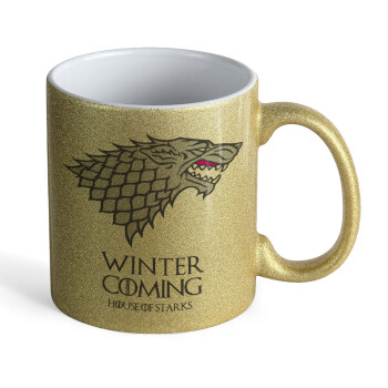 GOT House of Starks, winter coming, Κούπα Χρυσή Glitter που γυαλίζει, κεραμική, 330ml