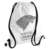 GOT House of Starks, winter coming, Τσάντα πλάτης πουγκί GYMBAG λευκή, με τσέπη (40x48cm) & χονδρά κορδόνια