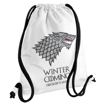 GOT House of Starks, winter coming, Backpack pouch GYMBAG white, with pocket (40x48cm) & thick cords