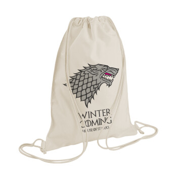 GOT House of Starks, winter coming, Τσάντα πλάτης πουγκί GYMBAG natural (28x40cm)