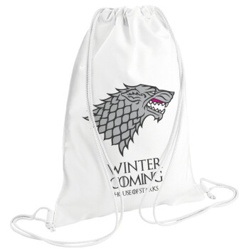 GOT House of Starks, winter coming, Τσάντα πλάτης πουγκί GYMBAG λευκή (28x40cm)