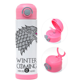 GOT House of Starks, winter coming, Παιδικό παγούρι θερμό, ανοξείδωτο, με καλαμάκι ασφαλείας, ΡΟΖ (500ml)