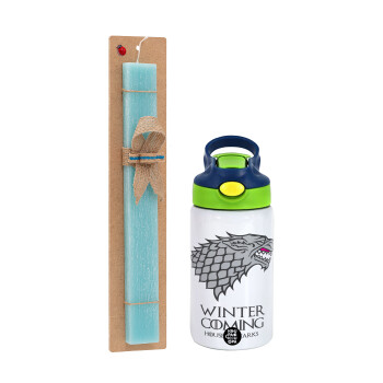 GOT House of Starks, winter coming, Easter Set, Children's thermal stainless steel bottle with safety straw, green/blue (350ml) & aromatic flat Easter candle (30cm) (TURQUOISE)