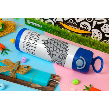 GOT House of Starks, winter coming, Easter candle, Childrens hot water bottle, stainless steel, with safety straw, BLUE (500ml)