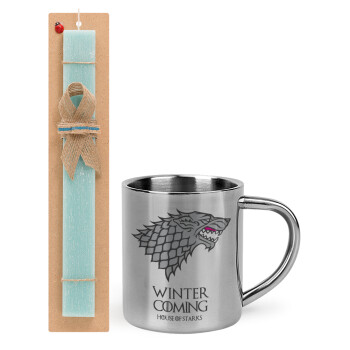 GOT House of Starks, winter coming, Easter Set, metallic thermal cup (300ml) & aromatic flat Easter candle (30cm) (TURQUOISE)