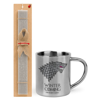 GOT House of Starks, winter coming, Πασχαλινό Σετ, μεταλλική κούπα θερμό (300ml) & πασχαλινή λαμπάδα αρωματική πλακέ (30cm) (ΓΚΡΙ)