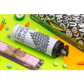 GOT House of Starks, winter coming, Πασχαλινή Λαμπάδα με Travel Tumbler θερμό με διπλό καπάκι (600ml, BPA free) & κερί αρωματικό πλακέ (30cm) (ΡΟΖ)