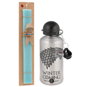 GOT House of Starks, winter coming, Easter Set, metallic silver aluminum water bottle (500ml) & scented flat Easter candle (30cm) (TURQUOISE)