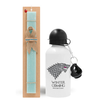 GOT House of Starks, winter coming, Easter Set, metallic aluminum water bottle (500ml) & scented flat candle (30cm) (TURQUOISE)