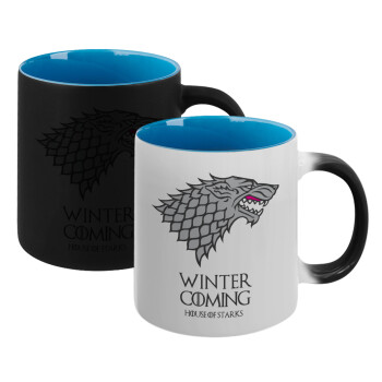 GOT House of Starks, winter coming, Κούπα Μαγική εσωτερικό μπλε, κεραμική 330ml που αλλάζει χρώμα με το ζεστό ρόφημα