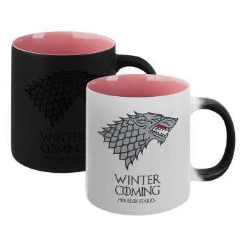 GOT House of Starks, winter coming, Κούπα Μαγική εσωτερικό ΡΟΖ, κεραμική 330ml που αλλάζει χρώμα με το ζεστό ρόφημα