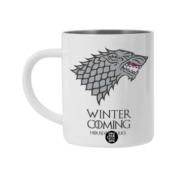 GOT House of Starks, winter coming, Λευκή Ανοξείδωτη Μεταλλική Κούπα 450ml - Διπλού Τοιχώματος 