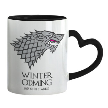 GOT House of Starks, winter coming, Mug heart black handle, ceramic, 330ml