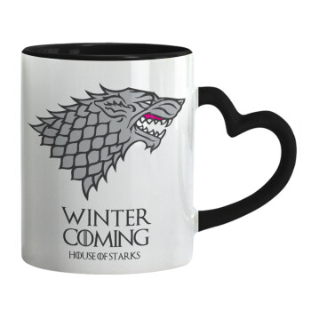 GOT House of Starks, winter coming, Κούπα καρδιά χερούλι μαύρη, κεραμική, 330ml