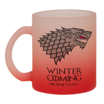 GOT House of Starks, winter coming, Κούπα γυάλινη δίχρωμη με βάση το κόκκινο ματ, 330ml