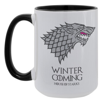 GOT House of Starks, winter coming, Κούπα Mega 15oz, κεραμική Μαύρη, 450ml