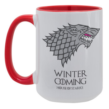 GOT House of Starks, winter coming, Κούπα Mega 15oz, κεραμική Κόκκινη, 450ml