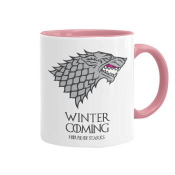 GOT House of Starks, winter coming, Κούπα χρωματιστή ροζ, κεραμική, 330ml