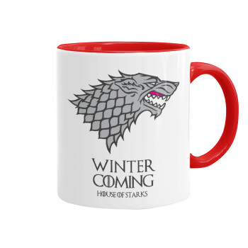 GOT House of Starks, winter coming, Κούπα χρωματιστή κόκκινη, κεραμική, 330ml