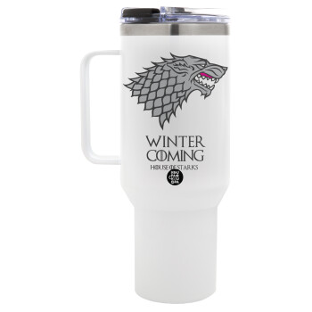 GOT House of Starks, winter coming, Mega Tumbler με καπάκι, διπλού τοιχώματος (θερμό) 1,2L