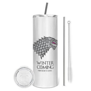 GOT House of Starks, winter coming, Eco friendly stainless steel tumbler 600ml, with metal straw & cleaning brush