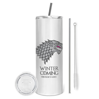 GOT House of Starks, winter coming, Tumbler stainless steel 600ml, with metal straw & cleaning brush